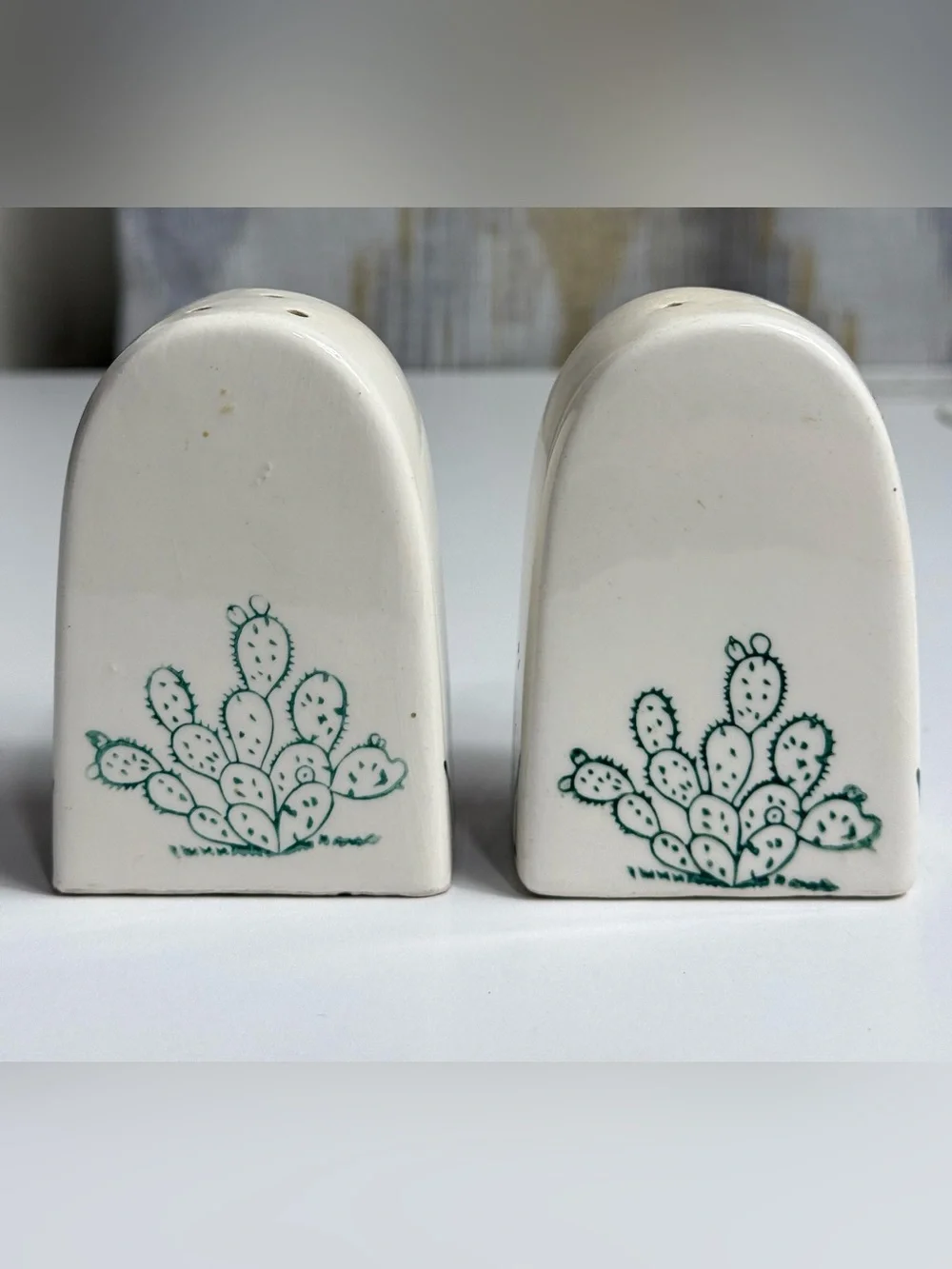 Vintage Tombstone Salt and Pepper Shakers - White, Brown with Green Accents